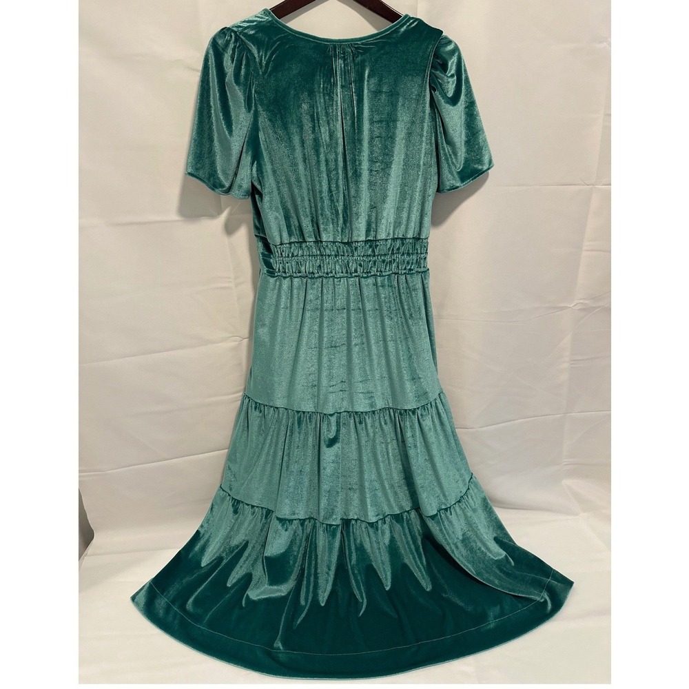 THML Velvet Maxi Dress Womens Medium Teal Green NWT Smocked Tiered Split‎ Neck - Picture 7 of 8